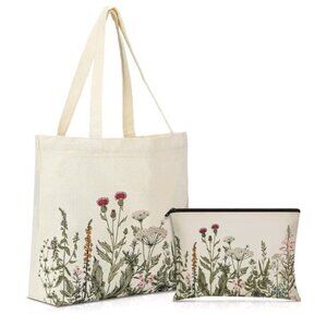 Sadnyy 2 Pcs Wildflower Canvas Tote Bags for Women Cute Aesthetic Floral Makeup